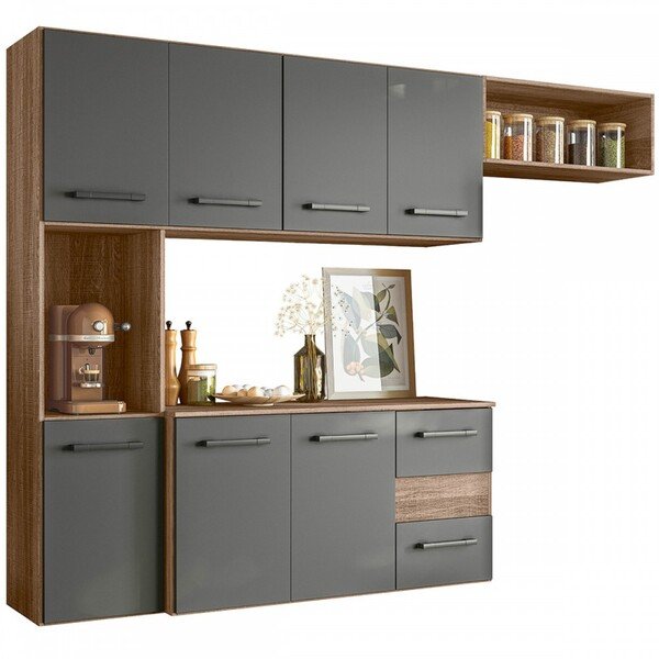 Cozinha Compacta Juliete 7 Portas 2 Gavetas Carvalho Rústicochumbo - Nicioli Cozinha Compacta Juliete 7 Portas 2 Gavetas Carvalho Rústico/chumbo - Nicioli - Imagem 1